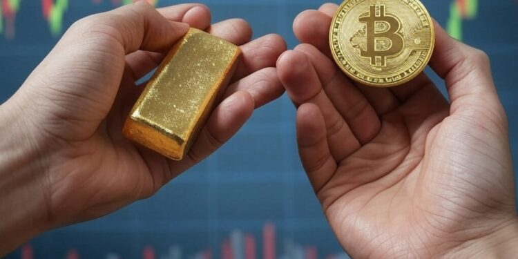 Una mano sosteniendo un bitcoin y otra pieza de oro.