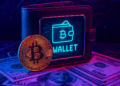 Una wallet de Bitcoin junto a billetes de USD.