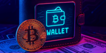 Una wallet de Bitcoin junto a billetes de USD.