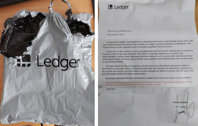 Una caja y una carta falsificadas y enviadas a usuarios de las hardware wallets Ledger.