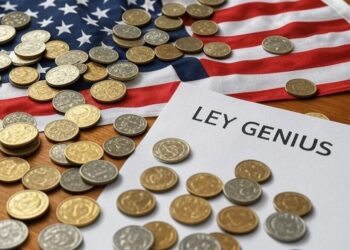 Imagen de IA Grok de varias monedas sobre una bandera de Estados Unidos y un papel que LEY GENIUS.