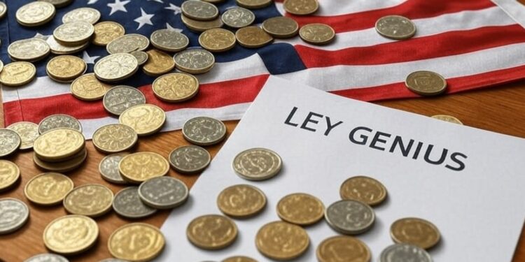 Imagen de IA Grok de varias monedas sobre una bandera de Estados Unidos y un papel que LEY GENIUS.