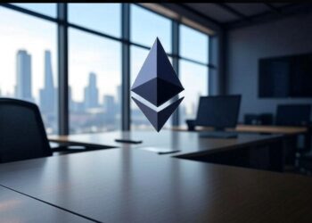 logo de ethereum en un ambiente de oficina