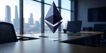 logo de ethereum en un ambiente de oficina