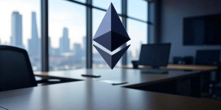 logo de ethereum en un ambiente de oficina