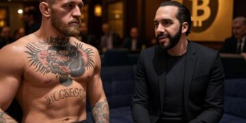 Connor McGregor sentado junto a Nayib Bukele con un logo de Bitcoin al fondo.
