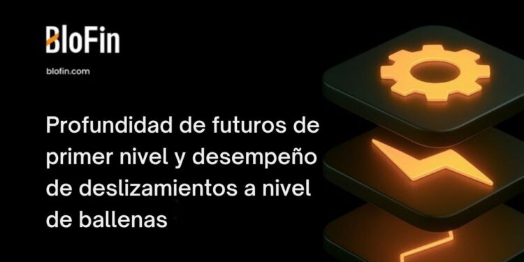 bloques oscuros con simbolos dorados de ajustes, relampago y grafico de mercado superpuestos uno sobre otro sobre una superficie negra acompañados del texto profundida de futuro de primer nivel y desempeño de deslizamiento a nivel de ballenas