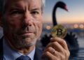 Michael Saylor sostiene una moneda de bitcoin, detrás de él, hay un cisne negro.