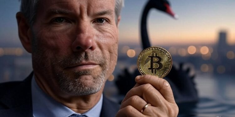 Michael Saylor sostiene una moneda de bitcoin, detrás de él, hay un cisne negro.