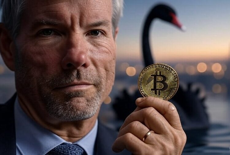 Michael Saylor sostiene una moneda de bitcoin, detrás de él, hay un cisne negro.