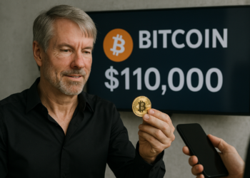 Michael Saylor comprando una moneda física de bitcoin con un cartel que dice $110.000.