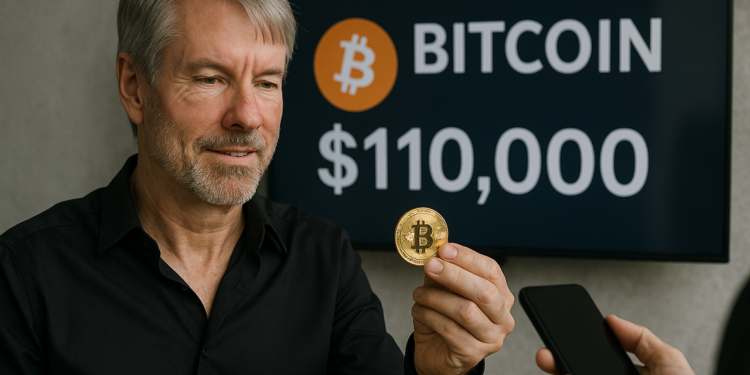 Michael Saylor comprando una moneda física de bitcoin con un cartel que dice $110.000.