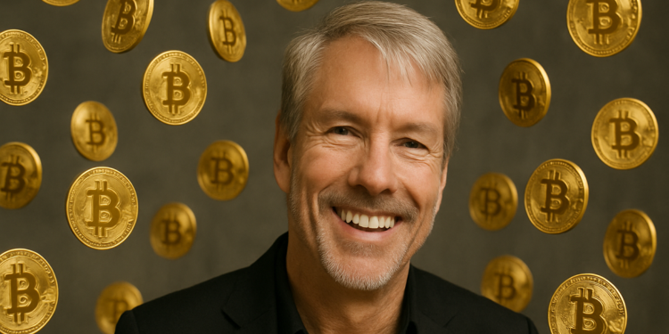 Michael Saylor y una lluvia de monedas físicas de bitcoin.