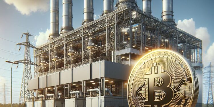 Una planta de energía junto a una moneda de BTC.