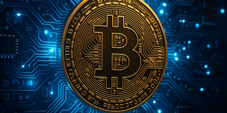 Una moneda de Bitcoin en un entorno tecnológico.