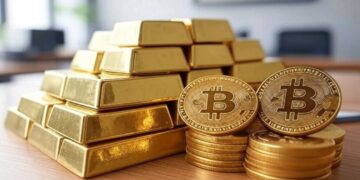 Imagen de lingotes de oro y BTC apilados en un escritorio.