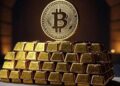 Una moneda de bitcoin sobre lingotes de oro.