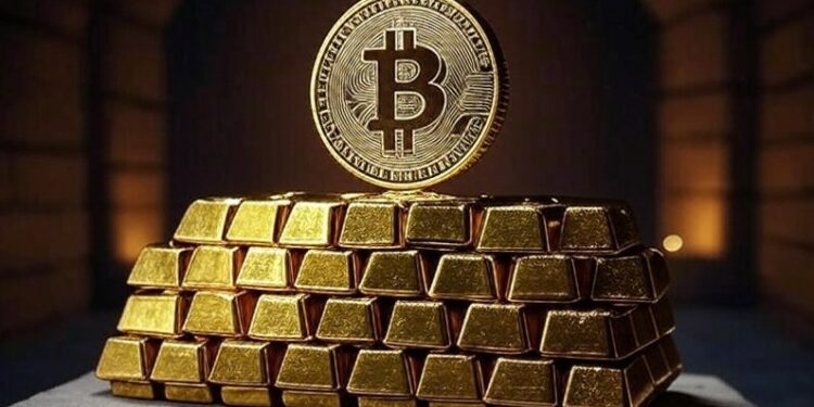Una moneda de bitcoin sobre lingotes de oro.