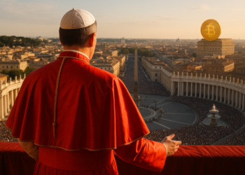 Imagen de un papa genérico de espaldas, en el balcón del vaticano frente a una multitud. En el paisaje de fondo, uno de los edificios tiene una moneda física de bitcoin.