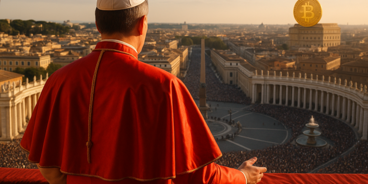 Imagen de un papa genérico de espaldas, en el balcón del vaticano frente a una multitud. En el paisaje de fondo, uno de los edificios tiene una moneda física de bitcoin.