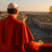 Imagen de un papa genérico de espaldas, en el balcón del vaticano frente a una multitud. En el paisaje de fondo, uno de los edificios tiene una moneda física de bitcoin.