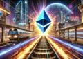 Una criptomoneda de ether sobre rieles de tren.