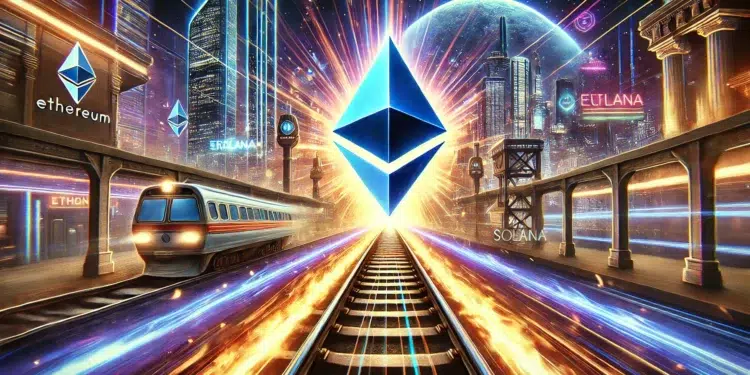 Una criptomoneda de ether sobre rieles de tren.