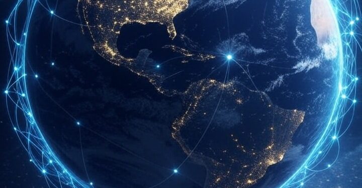 El planeta Tierra y una red financiera que une distintos puntos.