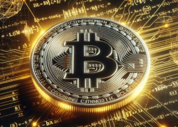 una imagen que simula la red bitcoin en funcionamiento con una moneda gigante de bitcoin.