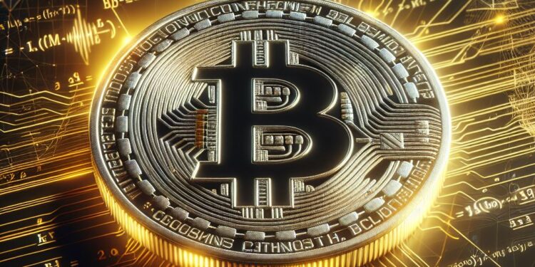 una imagen que simula la red bitcoin en funcionamiento con una moneda gigante de bitcoin.