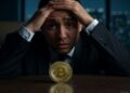 Una persona se toma la cabeza y mira una moneda con el logo de bitcoin.