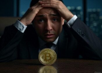 Una persona se toma la cabeza y mira una moneda con el logo de bitcoin.