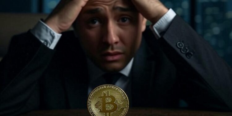 Una persona se toma la cabeza y mira una moneda con el logo de bitcoin.