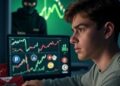 una persona frente a una laptop con gráficos de precios de criptomonedas y al fondo una persona encapuchada.