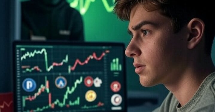 una persona frente a una laptop con gráficos de precios de criptomonedas y al fondo una persona encapuchada.