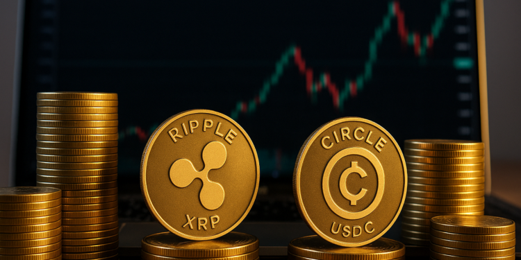 2 monedas doradas: una de XRP y otra de USDC.