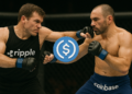 Dos boxeadores peleando, uno con el logo de Ripple y otro con el logo de Coinbase. En el medio, hay una moneda de USDC.