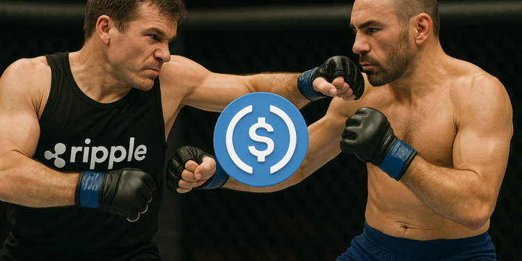 Dos boxeadores peleando, uno con el logo de Ripple y otro con el logo de Coinbase. En el medio, hay una moneda de USDC.