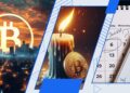 Una imagen del logo de Bitcoin sobre una ciudad, una vela encendida con una moneda de BTC y un calendario de mayo con una moneda encima