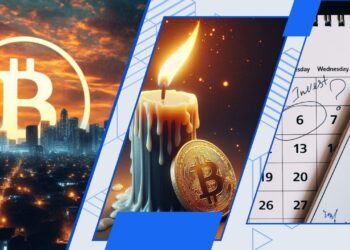 Una imagen del logo de Bitcoin sobre una ciudad, una vela encendida con una moneda de BTC y un calendario de mayo con una moneda encima