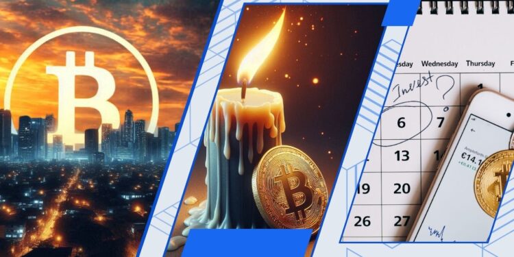 Una imagen del logo de Bitcoin sobre una ciudad, una vela encendida con una moneda de BTC y un calendario de mayo con una moneda encima