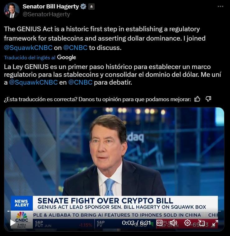 opinion del principal impulsor dea ley genius, el senador hagerty