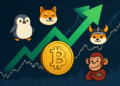 Varios memes, una moneda de bitcoin y una flecha verde ascendente.