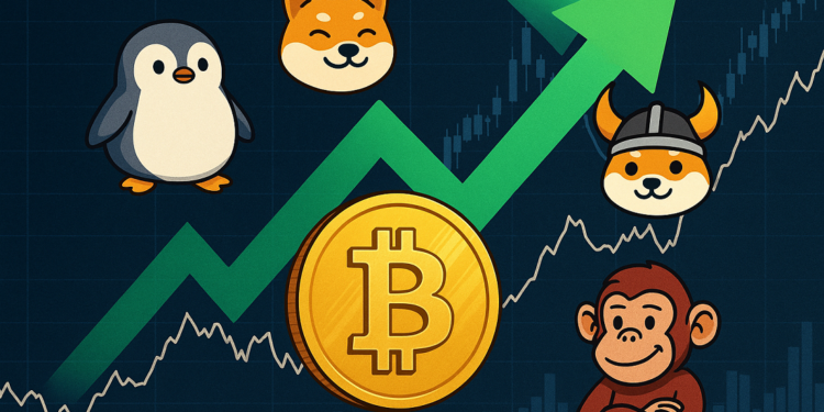 Varios memes, una moneda de bitcoin y una flecha verde ascendente.