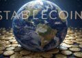 Monedas alrededor del planeta tierra y la palabra STABLECOIN.