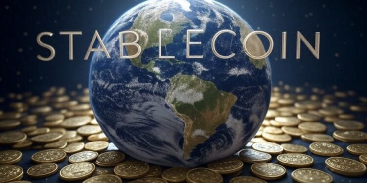 Monedas alrededor del planeta tierra y la palabra STABLECOIN.