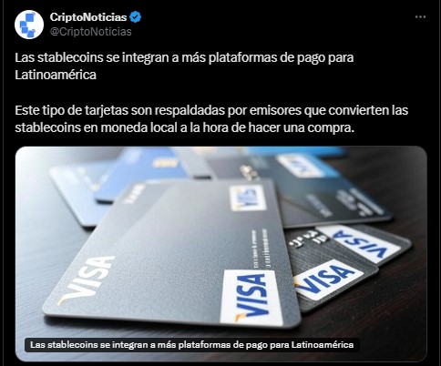 Post de CriptoNoticias sobre las stablecoins como medio de pago / imagen de tarjetas de crédito Visa