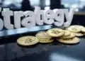 El nombre Strategy junto a monedas doradas con el logo de bitcoin.