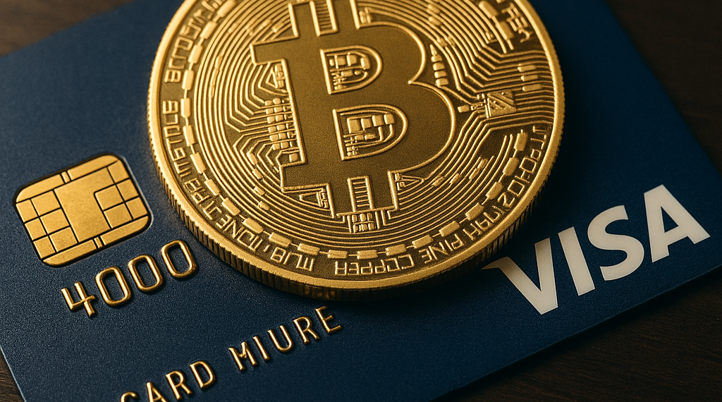 Una moneda de Bitcoin junto a una tarjeta Visa.