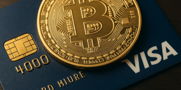 Una moneda de Bitcoin junto a una tarjeta Visa.